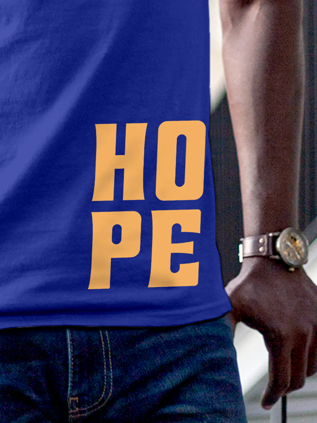 Close up of 'Hope' design on Men's Blue Round Neck T-shirt, highlighting intricate details and vibrant print.