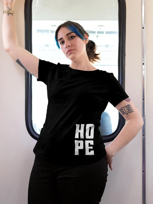 Model wearing Women's Black Round Neck T-shirt with 'Hope' design, offering effortless style and premium comfort