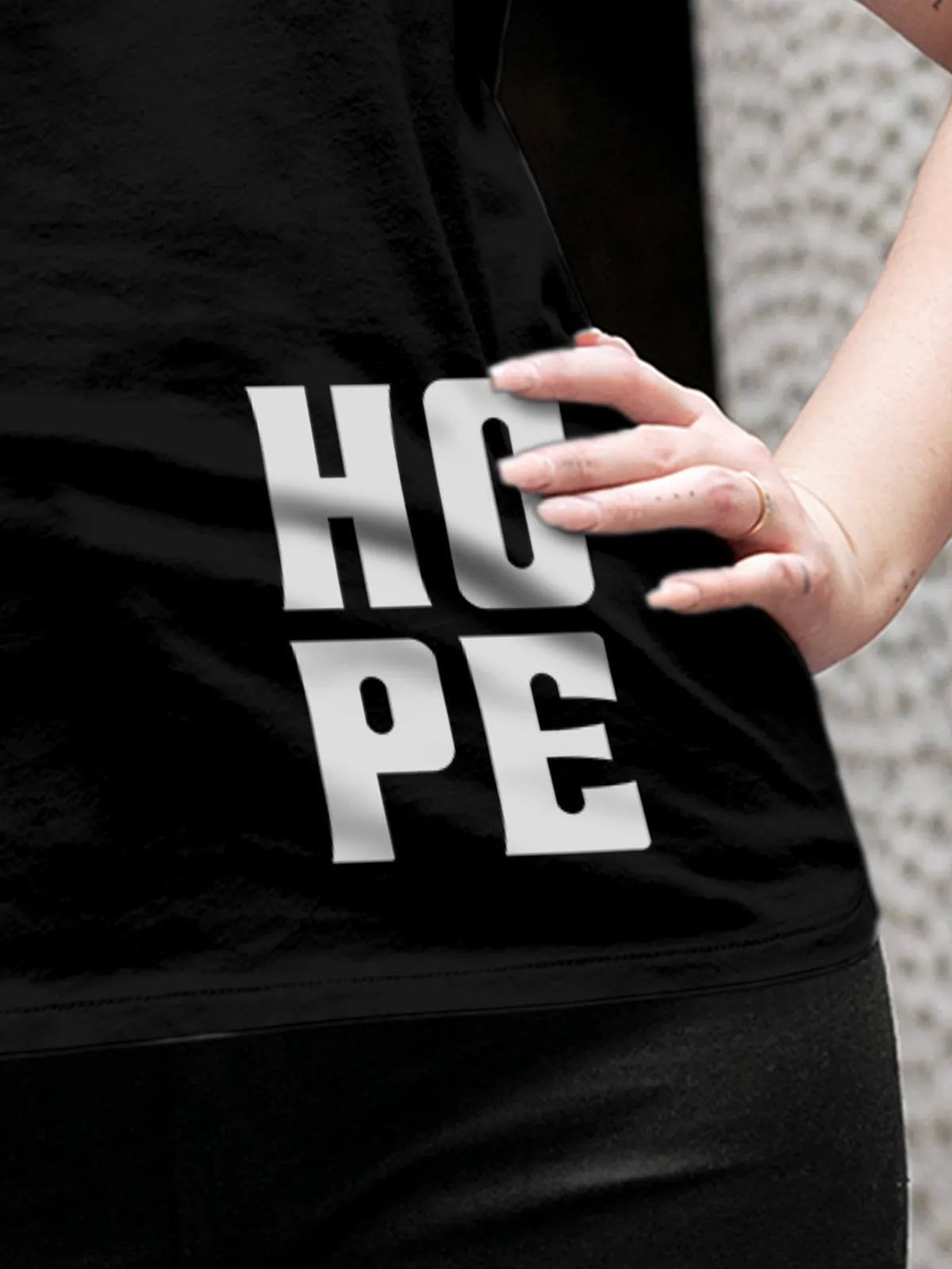 Close up of 'Hope' design on Women's Black Round Neck T-shirt, highlighting intricate details and vibrant print.