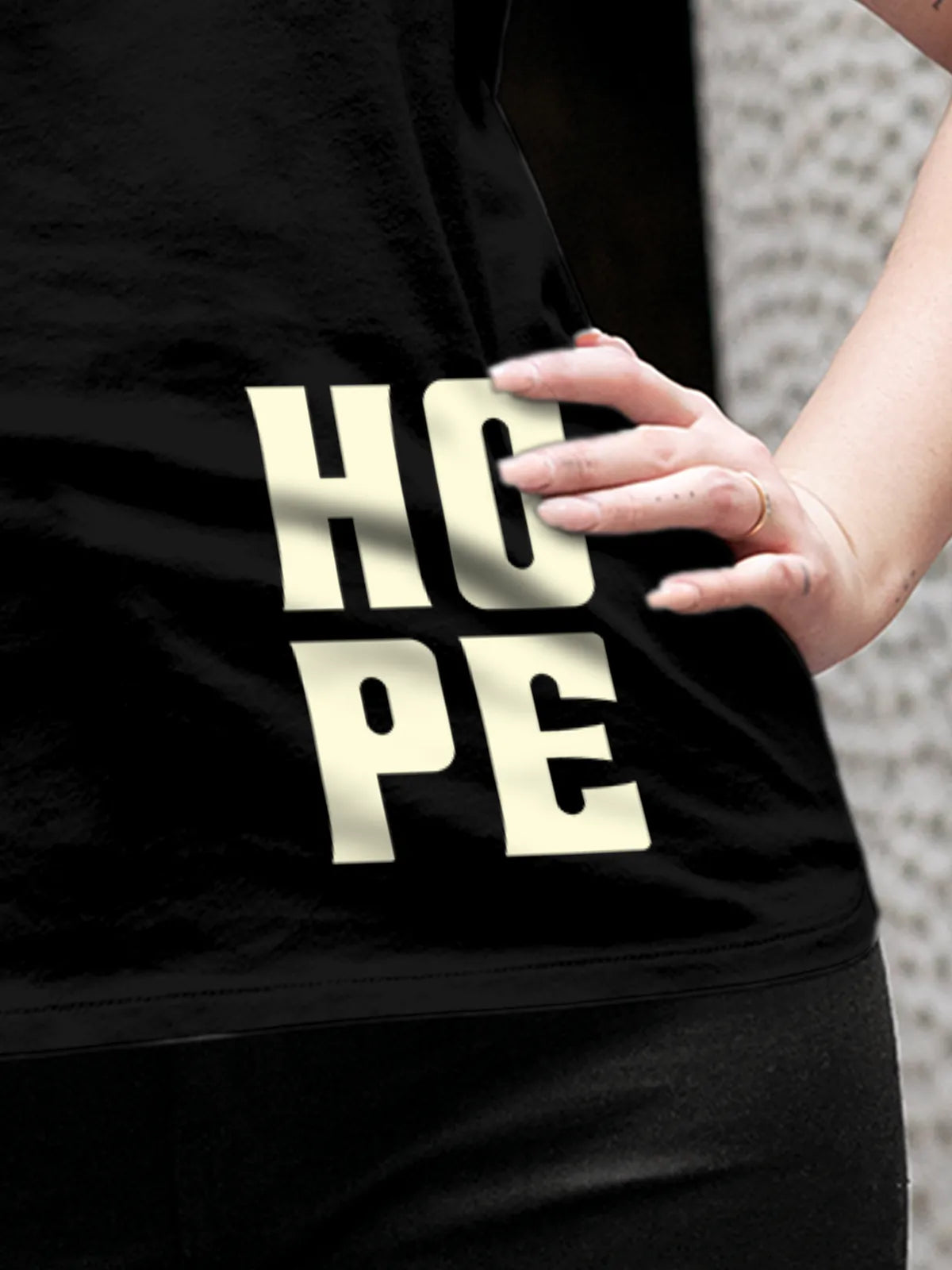 Close up of 'Hope' design on Women's Black Round Neck T-shirt, highlighting intricate details and vibrant print.