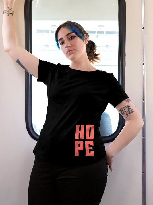 Fighterhero T-shirts: Model wearing Women's Black Round Neck T-shirt with 'Hope' design