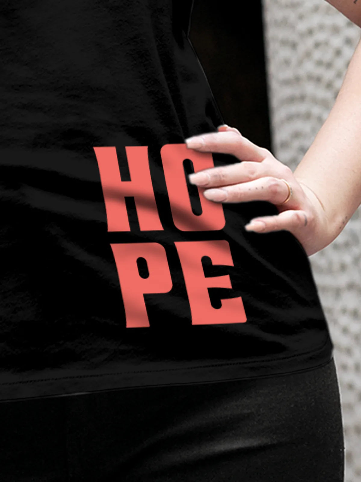 Close up of 'Hope' design on Women's Black Round Neck T-shirt, highlighting intricate details and vibrant print.