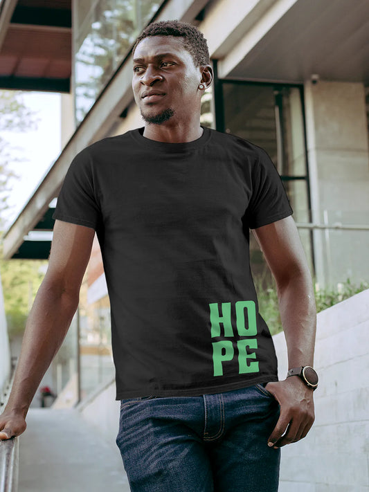 Fighterhero T-shirts: Model wearing Men's Dark Grey Round Neck T-shirt with 'Hope' design