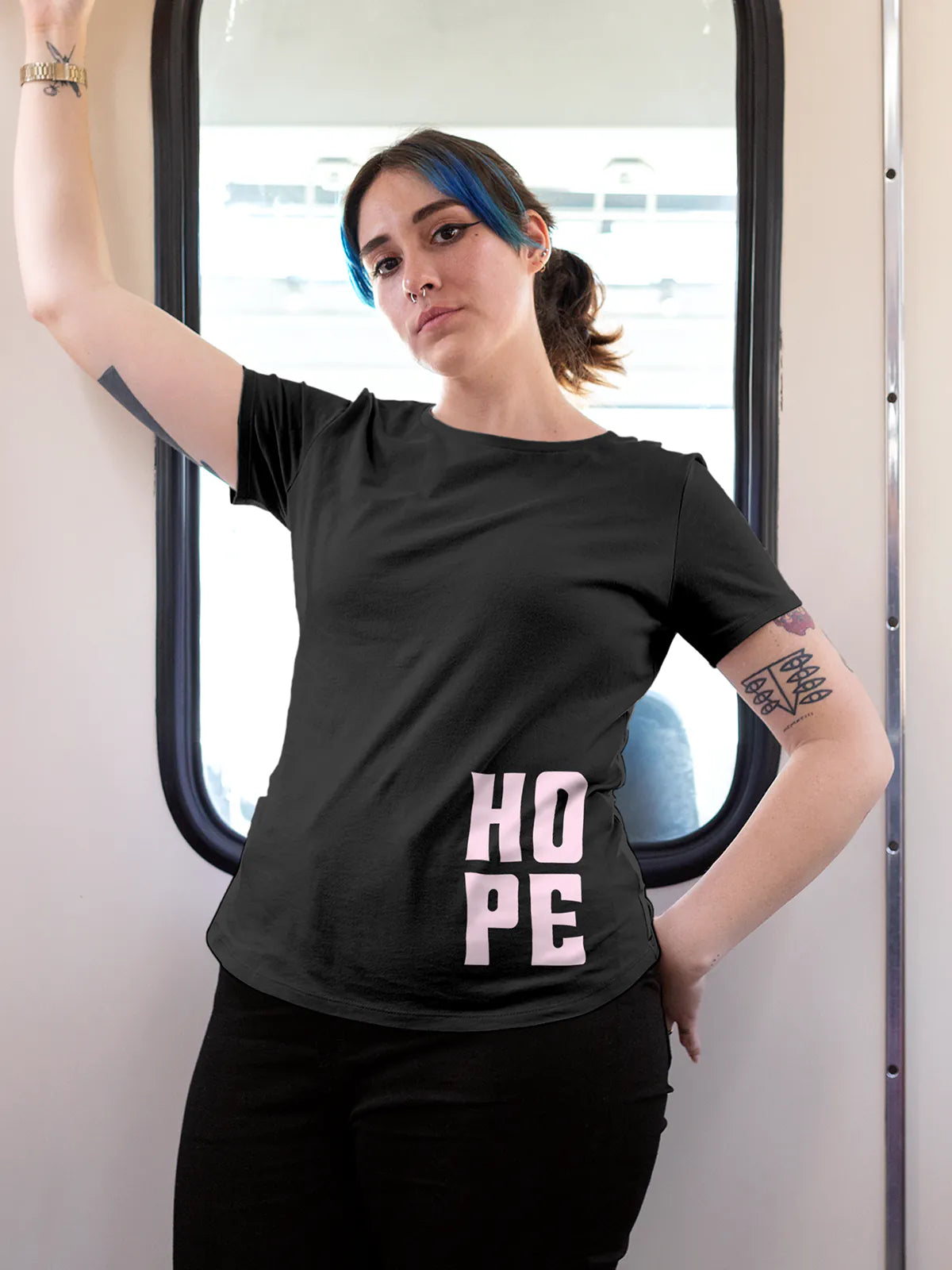 Model wearing Women's Dark Grey Round Neck T-shirt with 'Hope' design, offering effortless style and premium comfort