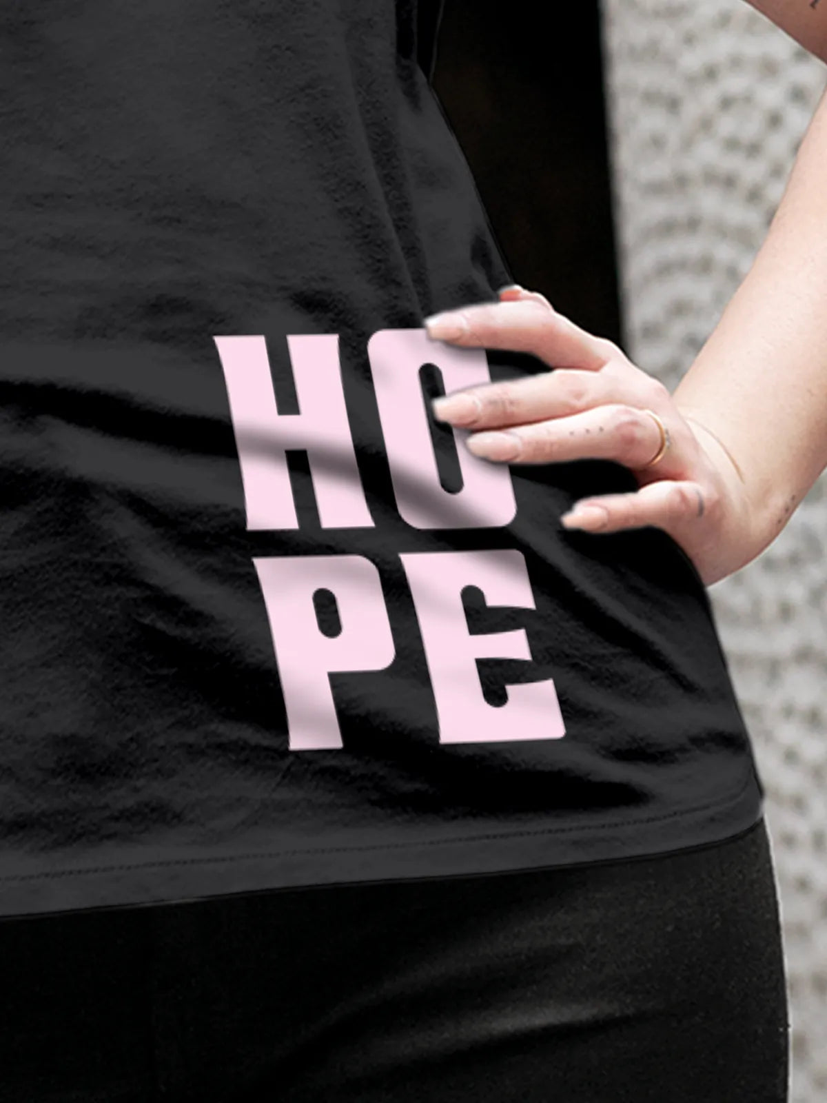 Close up of 'Hope' design on Women's Dark Grey Round Neck T-shirt, highlighting intricate details and vibrant print.