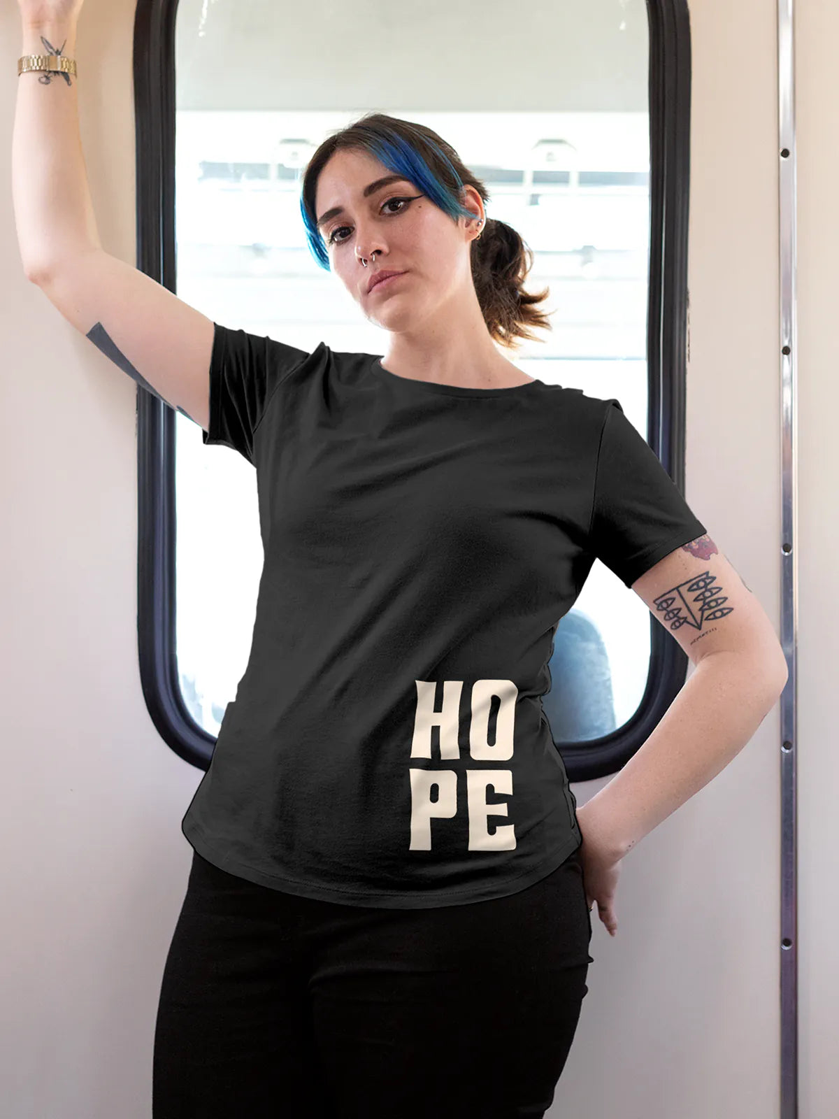 Model wearing Women's Dark Grey Round Neck T-shirt with 'Hope' design, offering effortless style and premium comfort