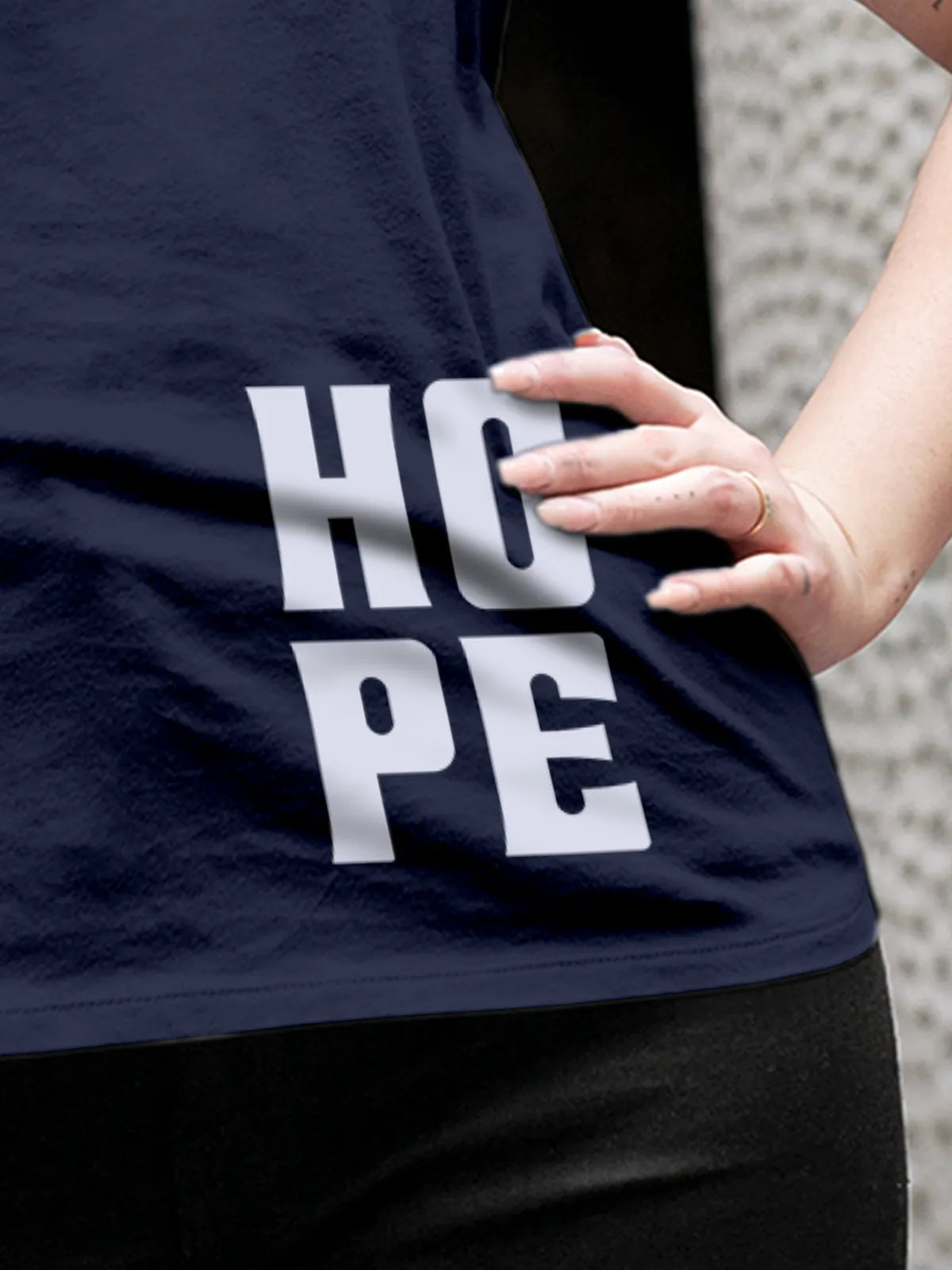 Close up of 'Hope' design on Women's Navy Blue Round Neck T-shirt, highlighting intricate details and vibrant print.