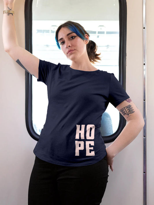Model wearing Women's Navy Blue Round Neck T-shirt with 'Hope' design, offering effortless style and premium comfort