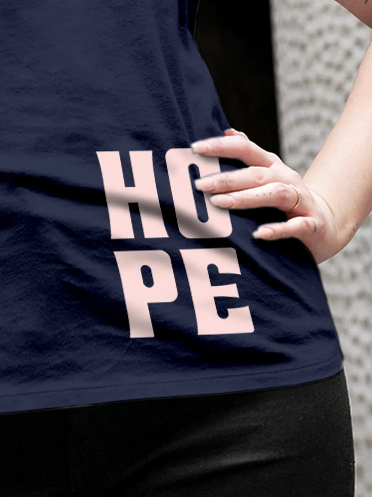 Close up of 'Hope' design on Women's Navy Blue Round Neck T-shirt, highlighting intricate details and vibrant print.