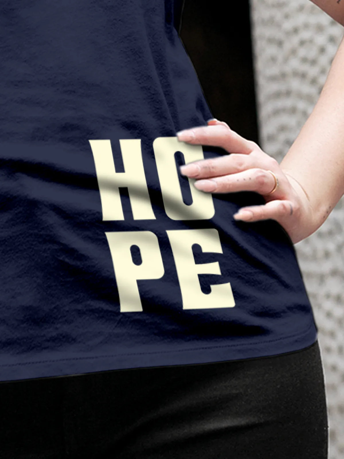 Close up of 'Hope' design on Women's Navy Blue Round Neck T-shirt, highlighting intricate details and vibrant print.