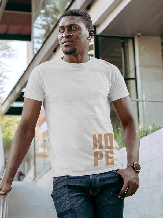 Model wearing Men's White Round Neck T-shirt with 'Hope' design, offering effortless style and premium comfort