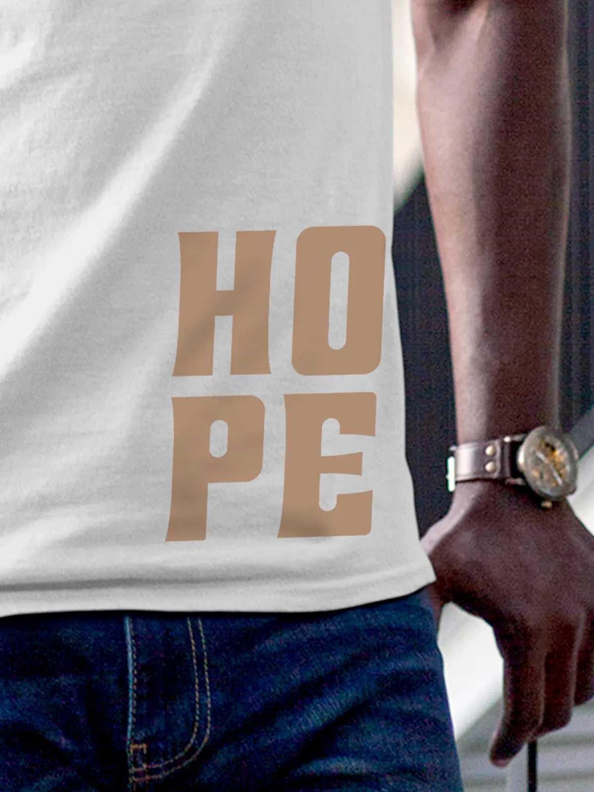 Close up of 'Hope' design on Men's White Round Neck T-shirt, highlighting intricate details and vibrant print.