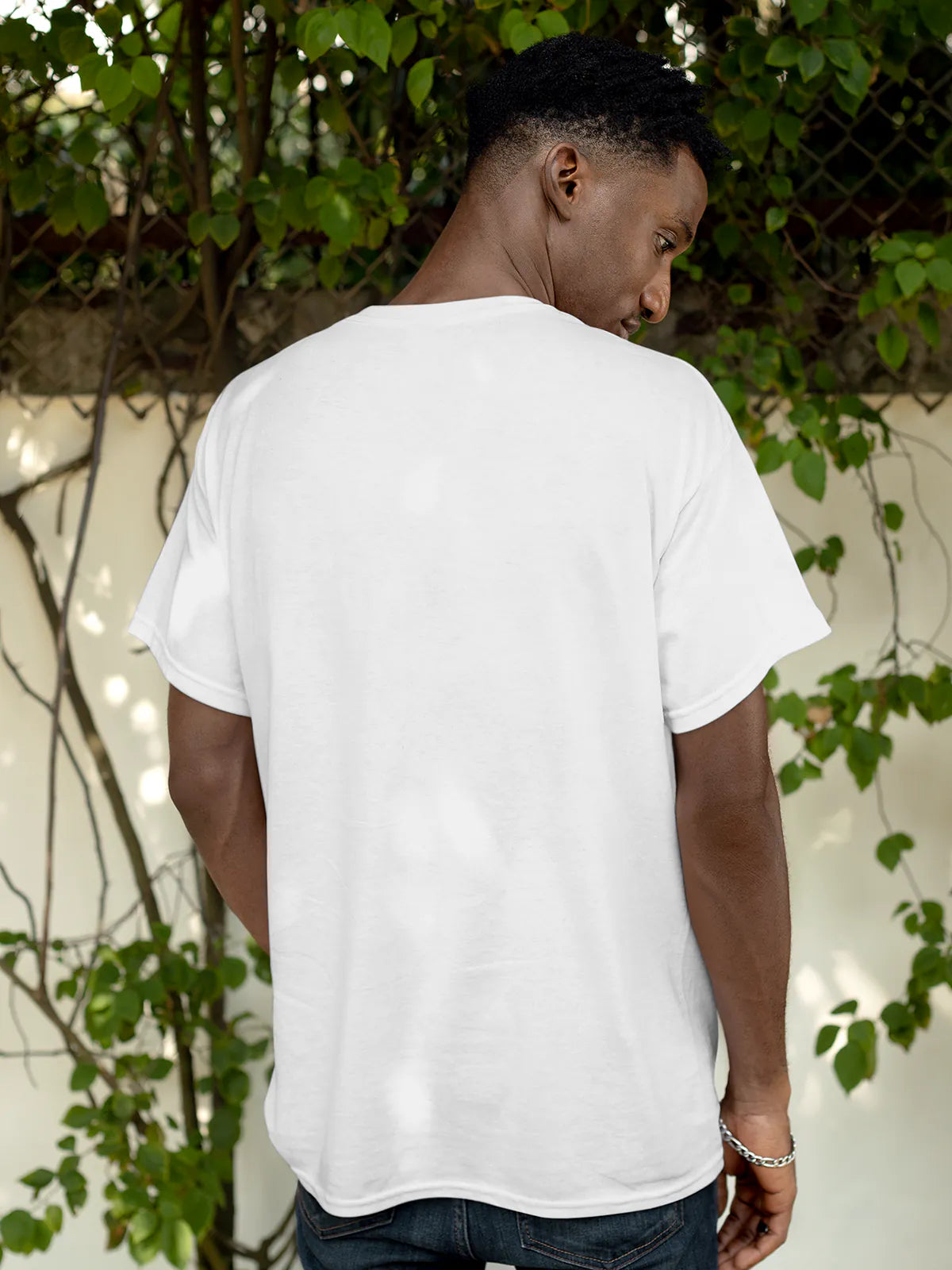 Back view of Fighterhero Men's White Round Neck T-shirt, highlighting the modern look and clean finish