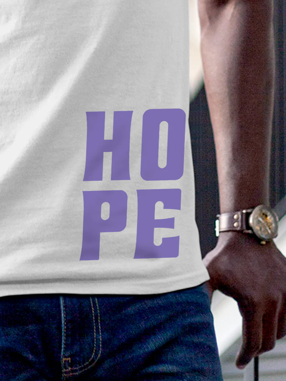 Close up of 'Hope' design on Men's White Round Neck T-shirt, highlighting intricate details and vibrant print.