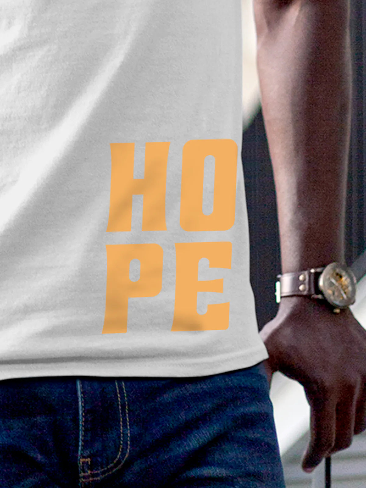 Close up of 'Hope' design on Men's White Round Neck T-shirt, highlighting intricate details and vibrant print.