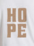 Close up of 'Hope' design on Women's White Round Neck T-shirt, highlighting intricate details and vibrant print.