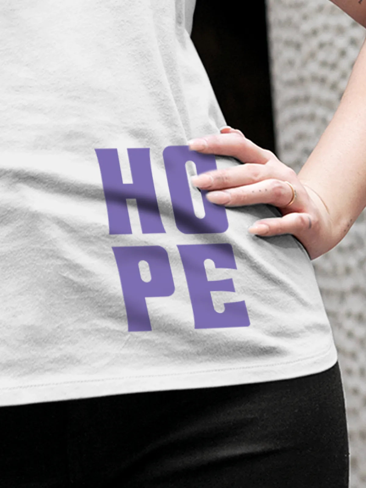 Close up of 'Hope' design on Women's White Round Neck T-shirt, highlighting intricate details and vibrant print.