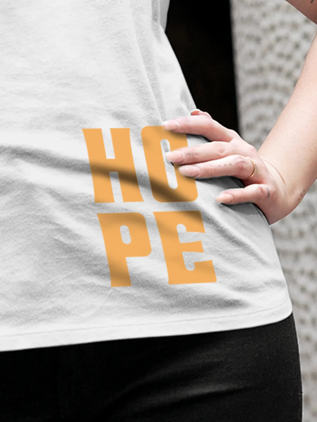 Close up of 'Hope' design on Women's White Round Neck T-shirt, highlighting intricate details and vibrant print.
