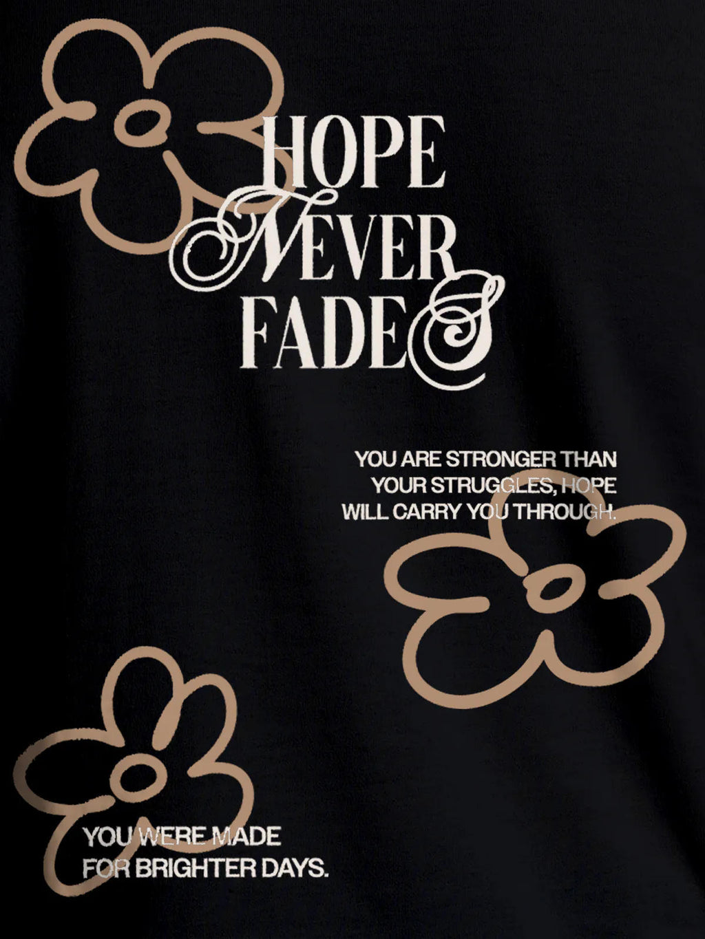 Close up of 'Hope Never Fades' design on Men's Black Round Neck T-shirt, highlighting intricate details and vibrant print.