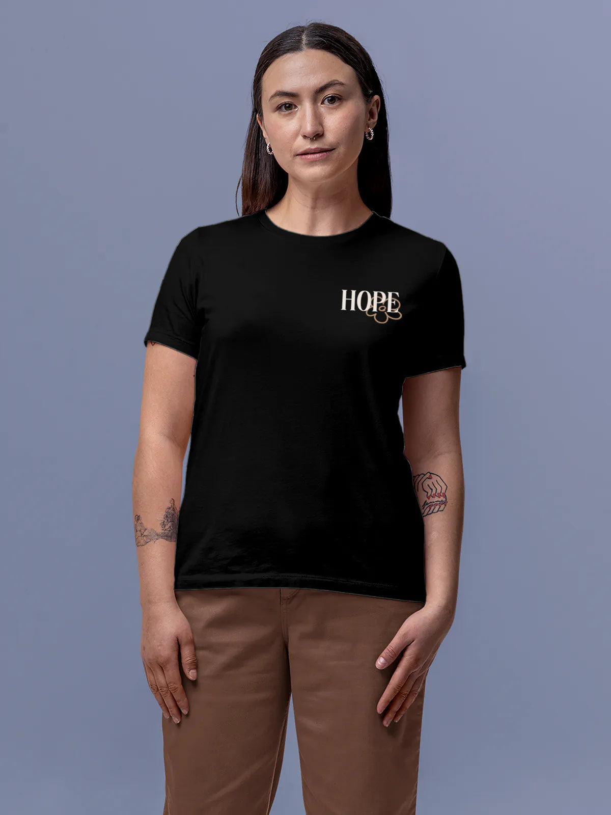 Front view of Fighterhero Women's Black Round Neck T-shirt, highlighting the motivational design printed on the chest.