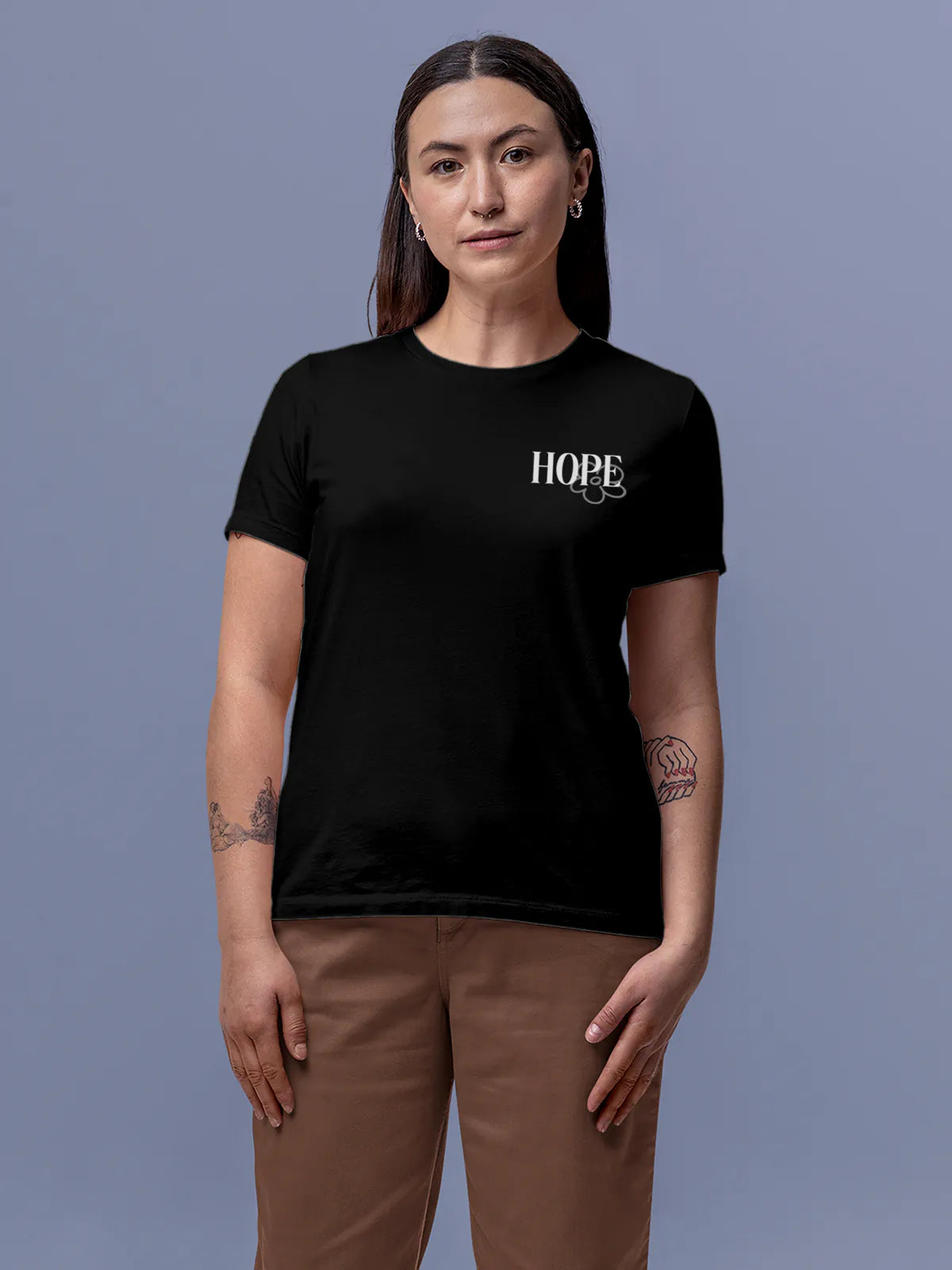 Front view of Fighterhero Women's Black Round Neck T-shirt, highlighting the motivational design printed on the chest.