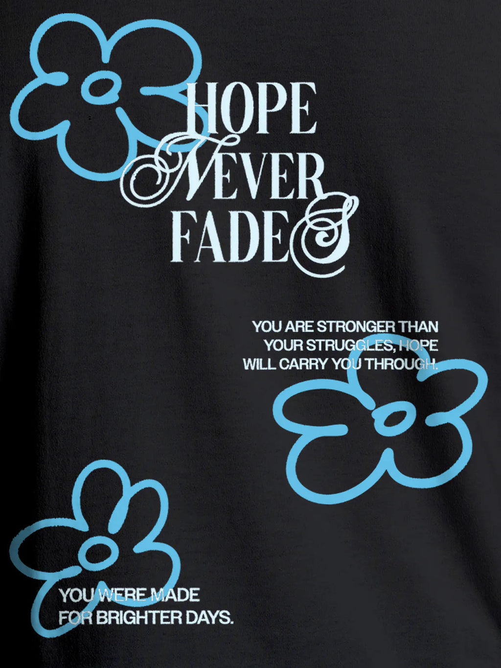 Close up of 'Hope Never Fades' design on Men's Dark Grey Round Neck T-shirt, highlighting intricate details and vibrant print.