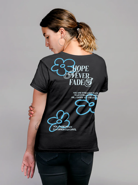 Fighterhero T-shirts: Model wearing Women's Dark Grey Round Neck T-shirt with 'Hope Never Fades' design