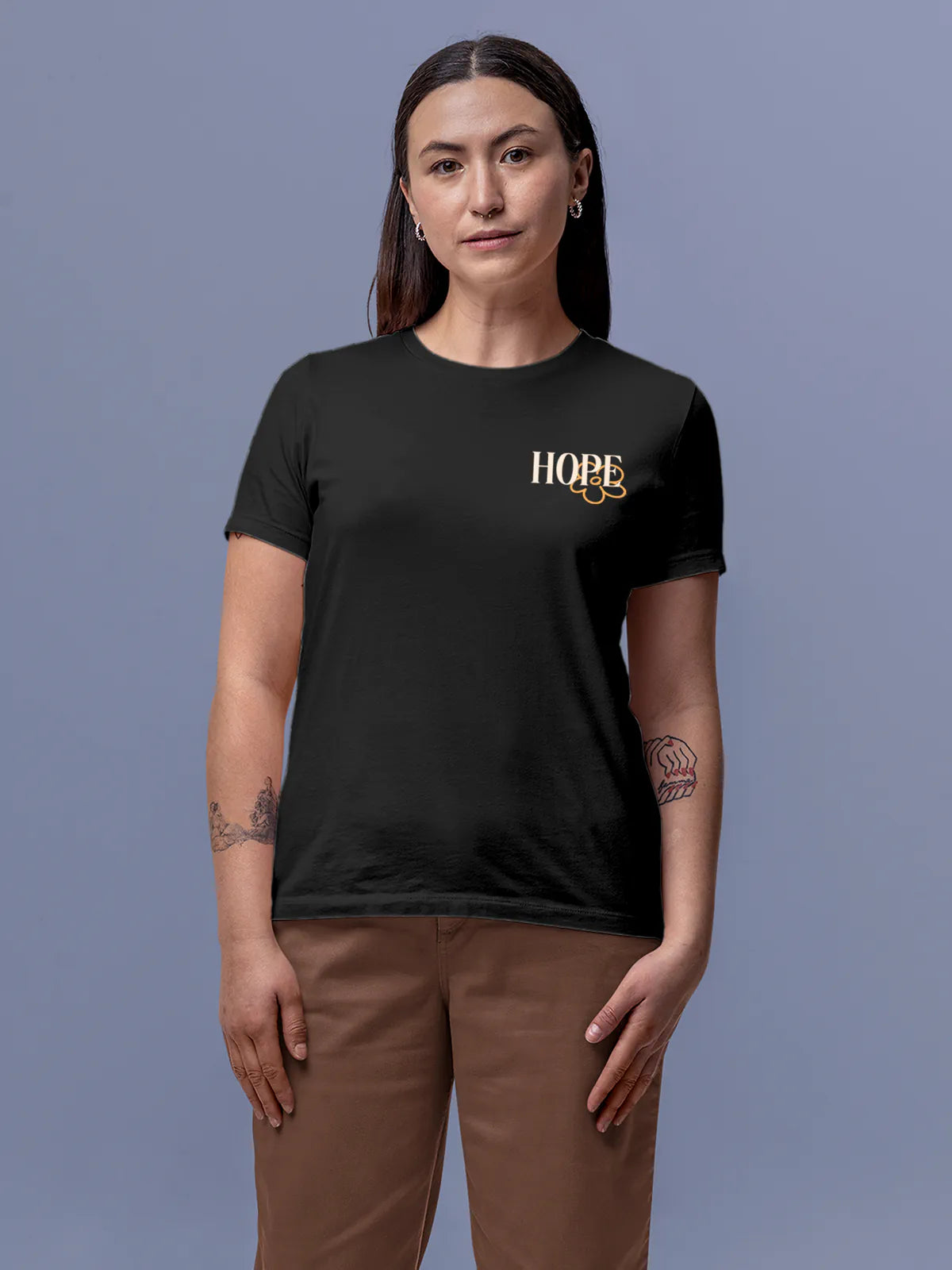 Front view of Fighterhero Women's Dark Grey Round Neck T-shirt, highlighting the motivational design printed on the chest.