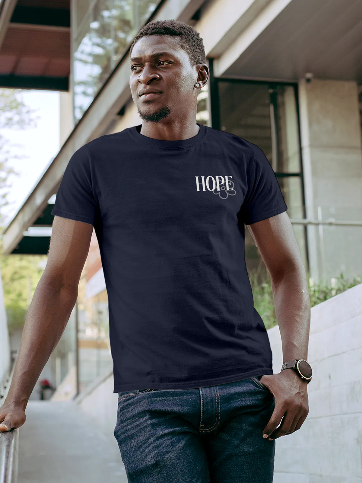 Front view of Fighterhero Men's Navy Blue Round Neck T-shirt, highlighting the motivational design printed on the chest.
