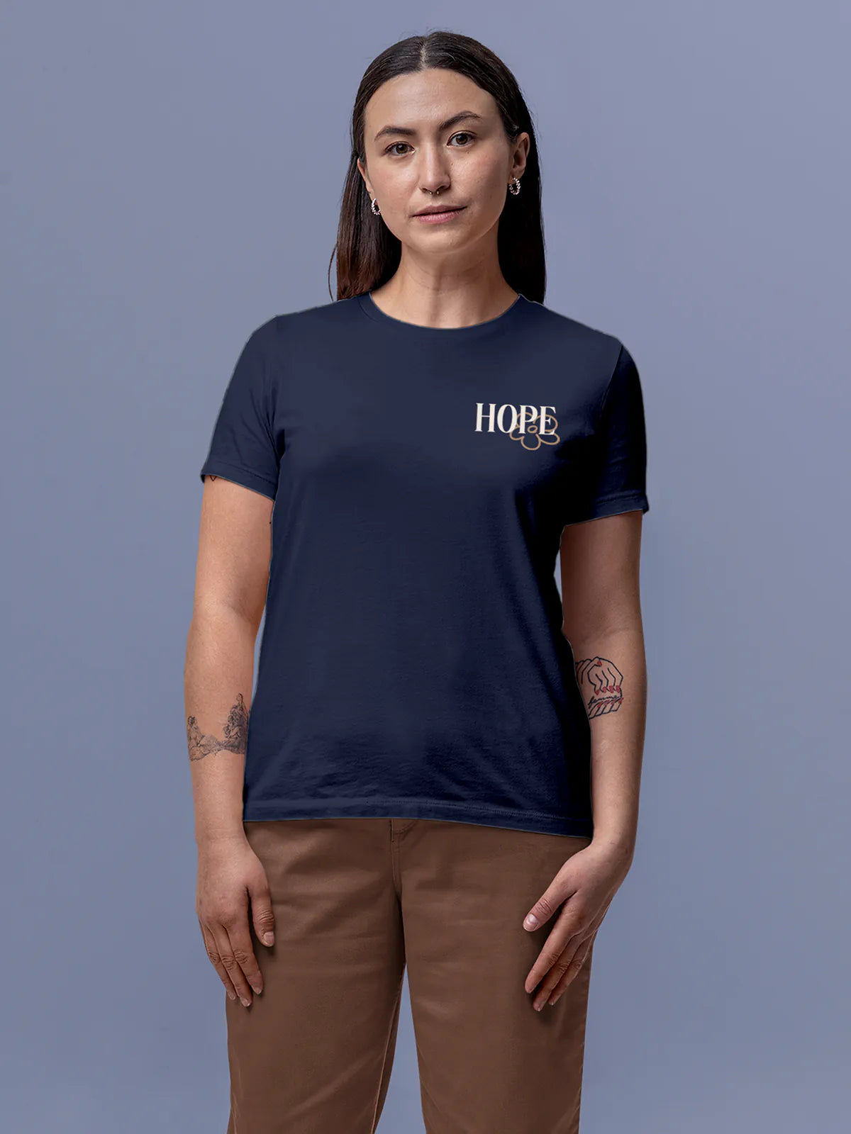 Front view of Fighterhero Women's Navy Blue Round Neck T-shirt, highlighting the motivational design printed on the chest.