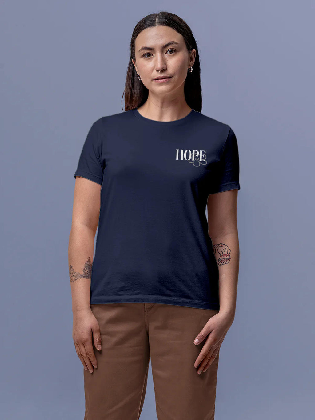 Front view of Fighterhero Women's Navy Blue Round Neck T-shirt, highlighting the 'broken chains' design on the chest.