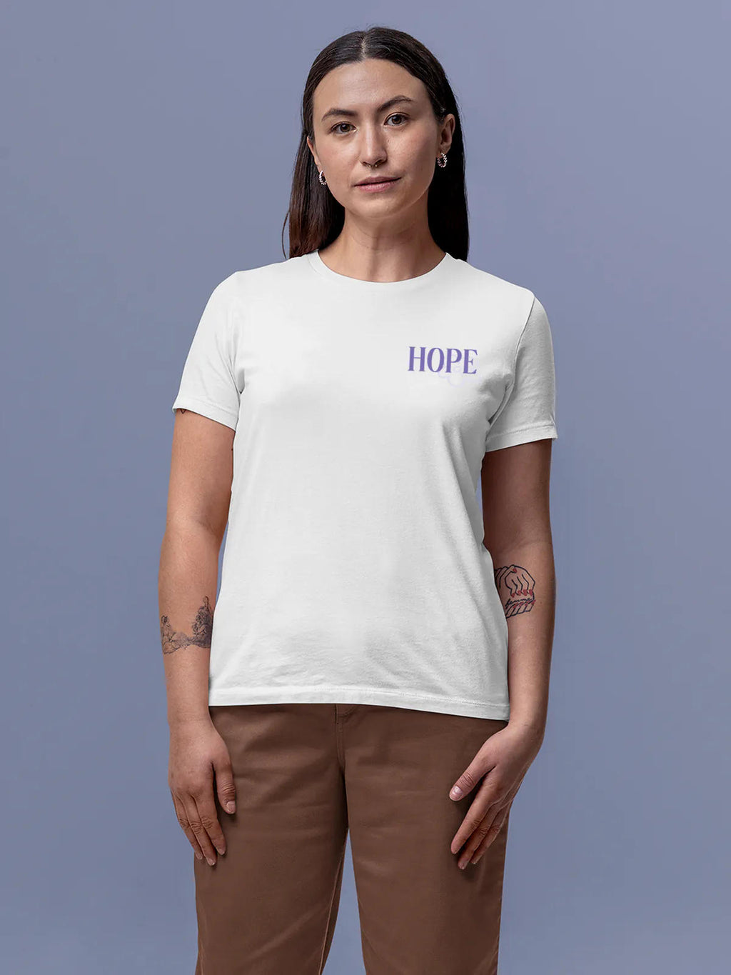 Front view of Fighterhero Women's White Round Neck T-shirt, highlighting the 'broken chains' design on the chest.
