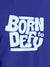 Close up of 'Born To Defy' design on Men's Blue Round Neck T-shirt, highlighting intricate details and vibrant print.