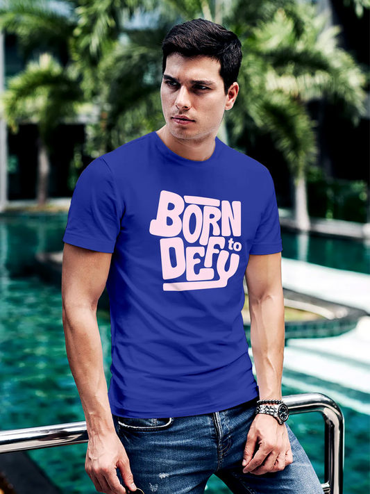 Fighterhero T-shirts: Model wearing Men's Blue Round Neck T-shirt with 'Born To Defy' design