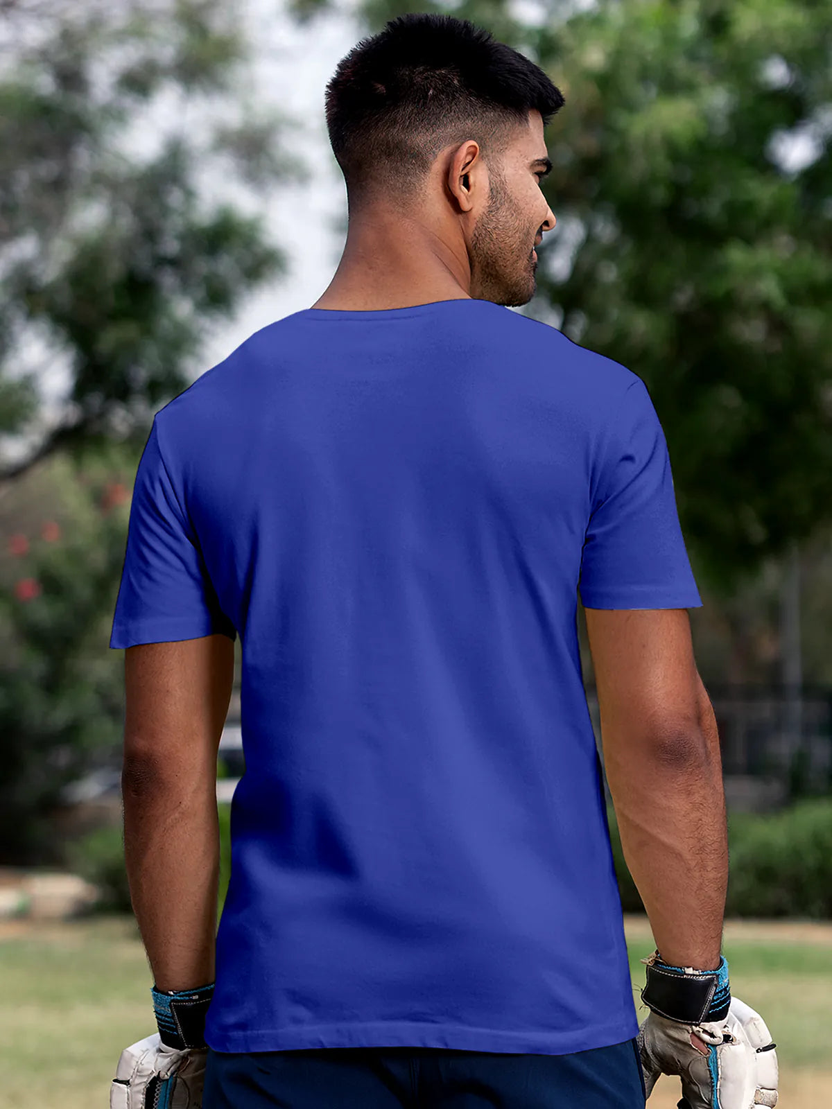 Back view of Fighterhero Men's Blue Round Neck T-shirt, highlighting the modern look and clean finish