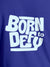 Close up of 'Born To Defy' design on Women's Blue Round Neck T-shirt, highlighting intricate details and vibrant print.