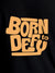 Close up of 'Born To Defy' design on Women's Black Round Neck T-shirt, highlighting intricate details and vibrant print.