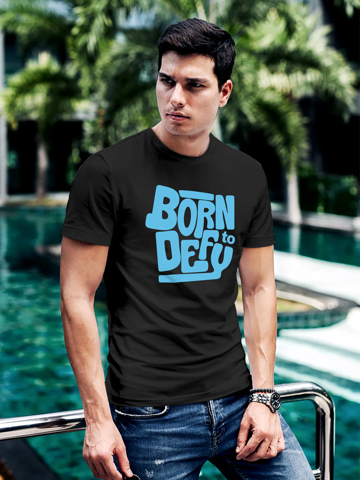 Fighterhero T-shirts: Model wearing Men's Dark Grey Round Neck T-shirt with 'Born To Defy' design