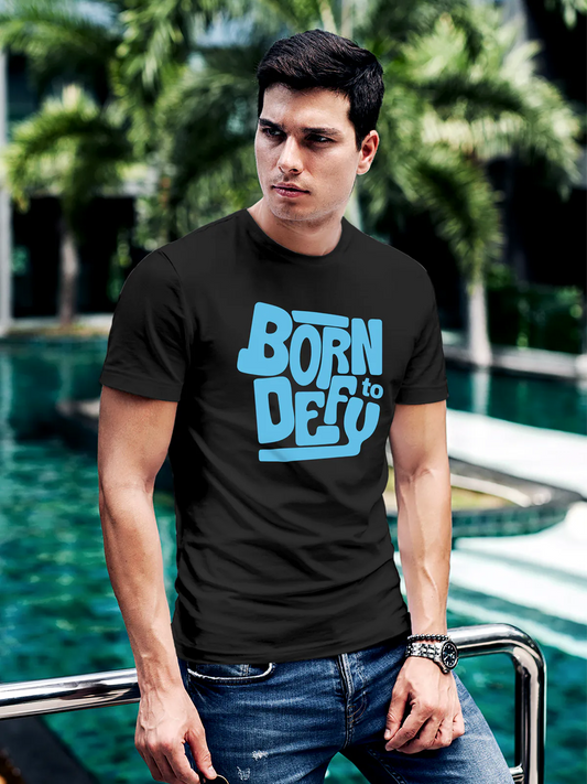 Fighterhero T-shirts: Model wearing Men's Dark Grey Round Neck T-shirt with 'Born To Defy' design