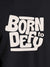 Close up of 'Born To Defy' design on Men's Dark Grey Round Neck T-shirt, highlighting intricate details and vibrant print.