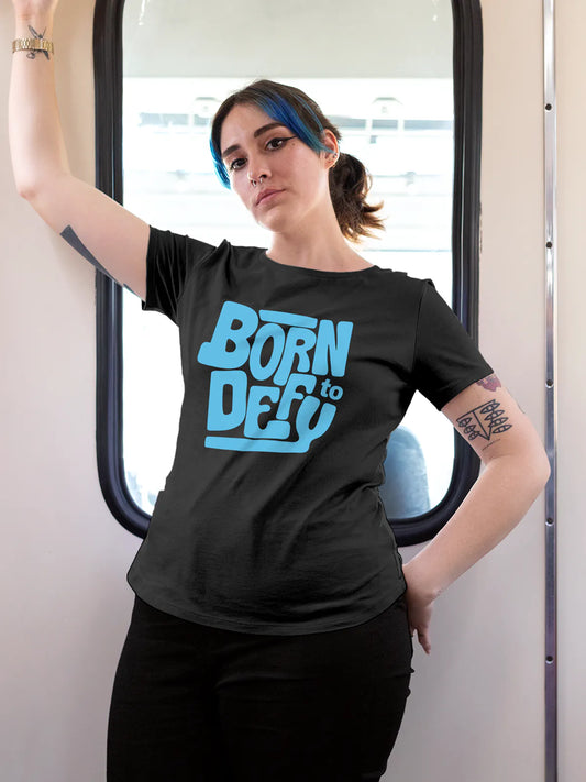 Fighterhero T-shirts: Model wearing Women's Dark Grey Round Neck T-shirt with 'Born To Defy' design