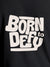 Close up of 'Born To Defy' design on Women's Dark Grey Round Neck T-shirt, highlighting intricate details and vibrant print.