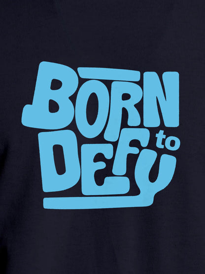 Close up of 'Born To Defy' design on Men's Navy Blue Round Neck T-shirt, highlighting intricate details and vibrant print.