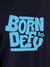 Close up of 'Born To Defy' design on Men's Navy Blue Round Neck T-shirt, highlighting intricate details and vibrant print.
