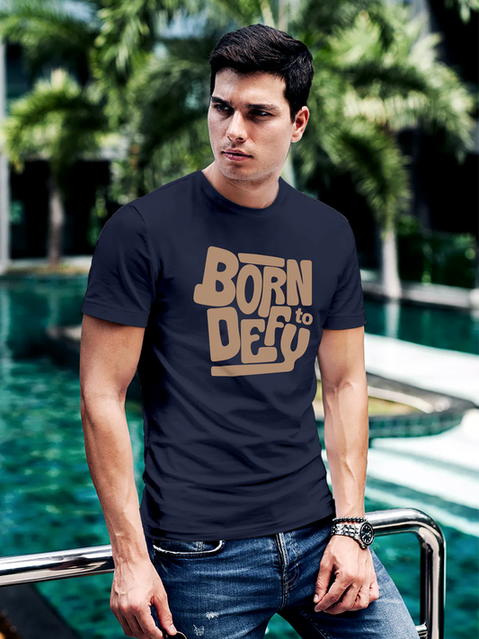 Fighterhero T-shirts: Model wearing Men's Navy Blue Round Neck T-shirt with 'Born To Defy' design