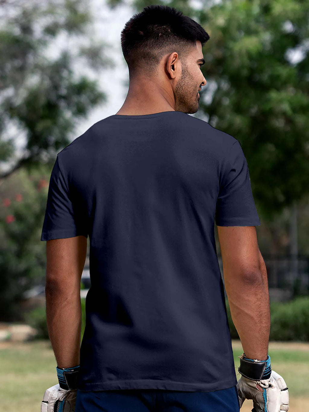Back view of Fighterhero Men's Navy Blue Round Neck T-shirt, highlighting the modern look and clean finish