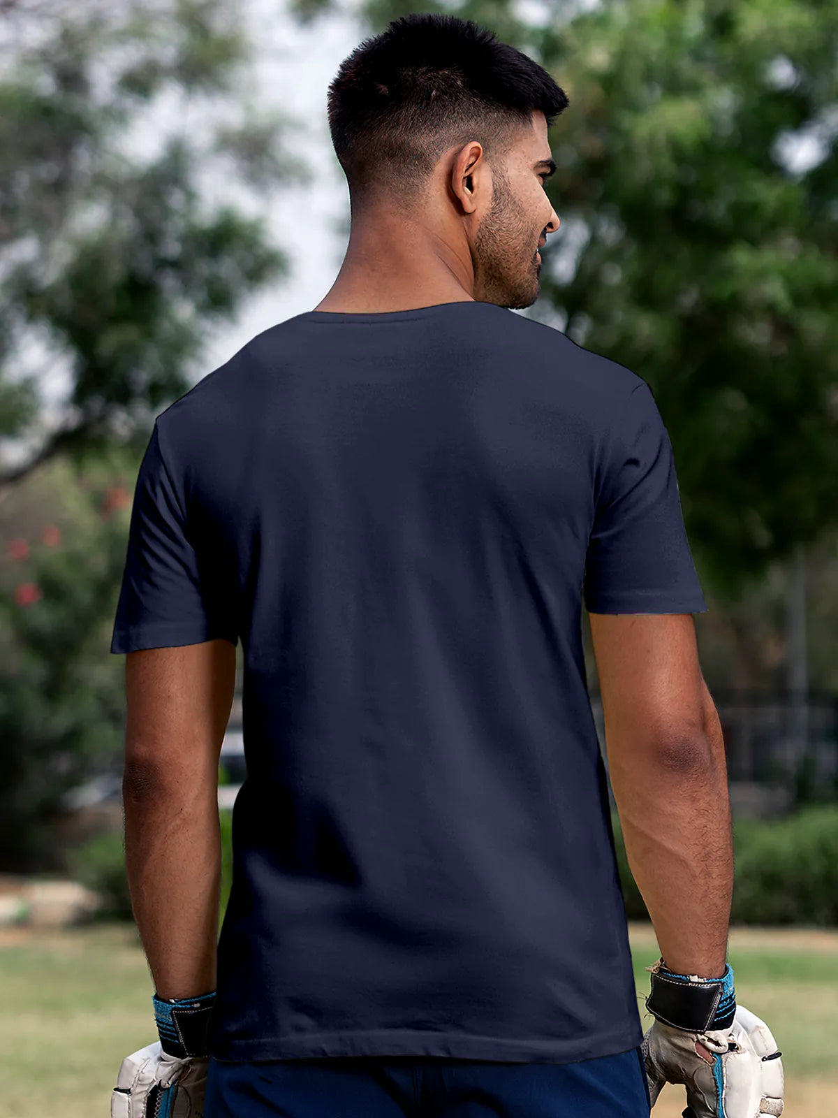 Back view of Fighterhero Men's Navy Blue Round Neck T-shirt, highlighting the modern look and clean finish