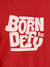 Close up of 'Born To Defy' design on Men's Red Round Neck T-shirt, highlighting intricate details and vibrant print.