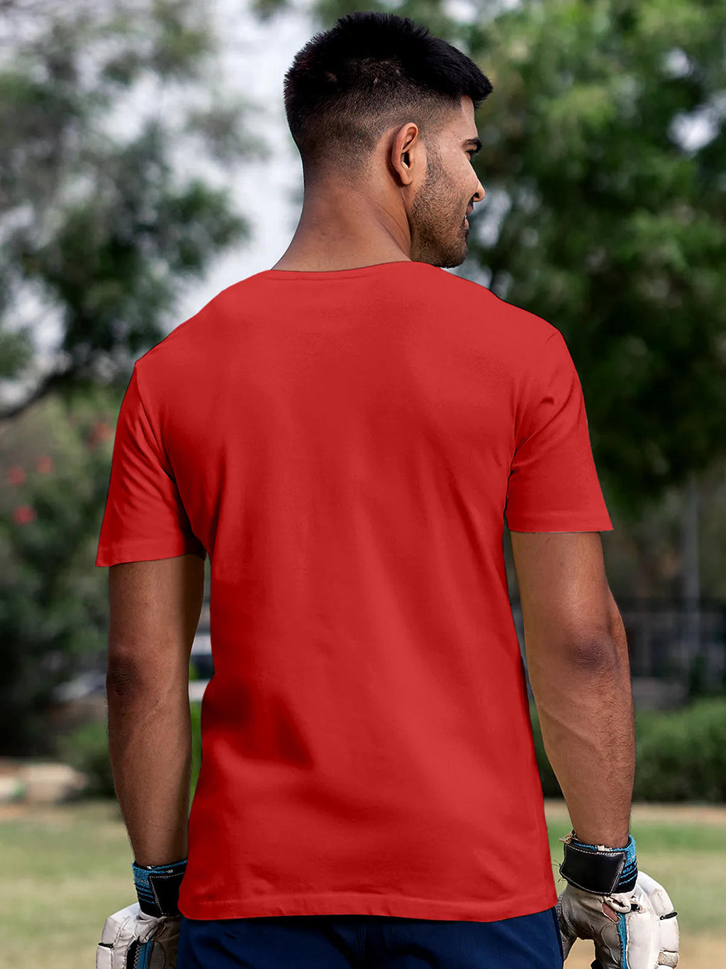 Back view of Fighterhero Men's Red Round Neck T-shirt, highlighting the modern look and clean finish