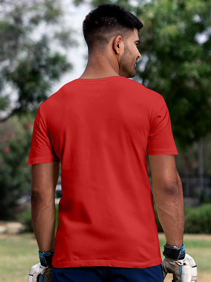 Back view of Fighterhero Men's Red Round Neck T-shirt, highlighting the modern look and clean finish
